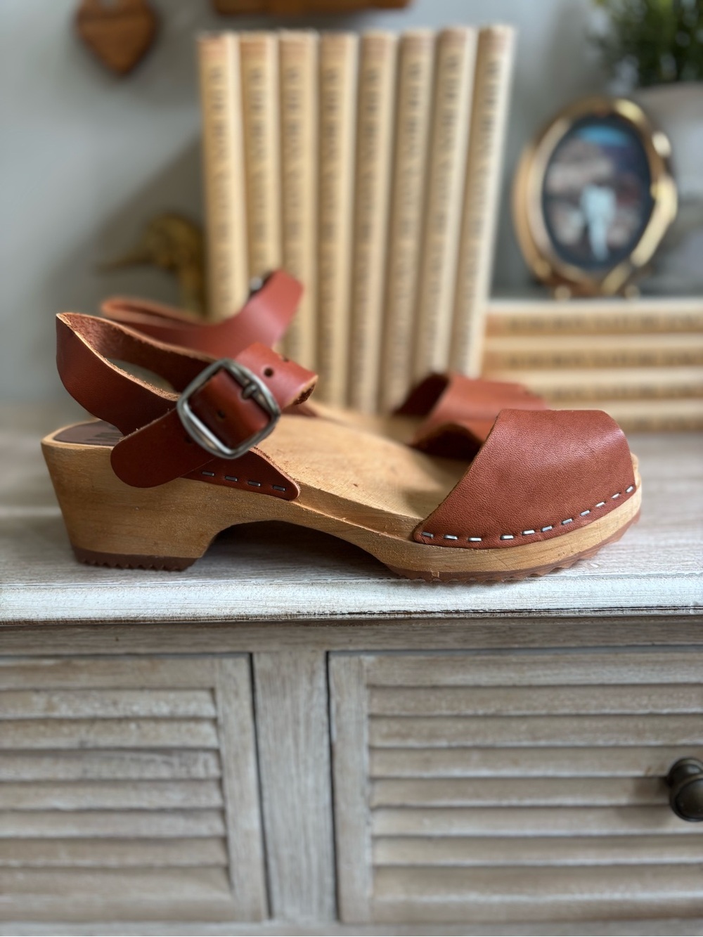 Brown Leather Clog Sandals with Wooden Heel made in Sweden size 38